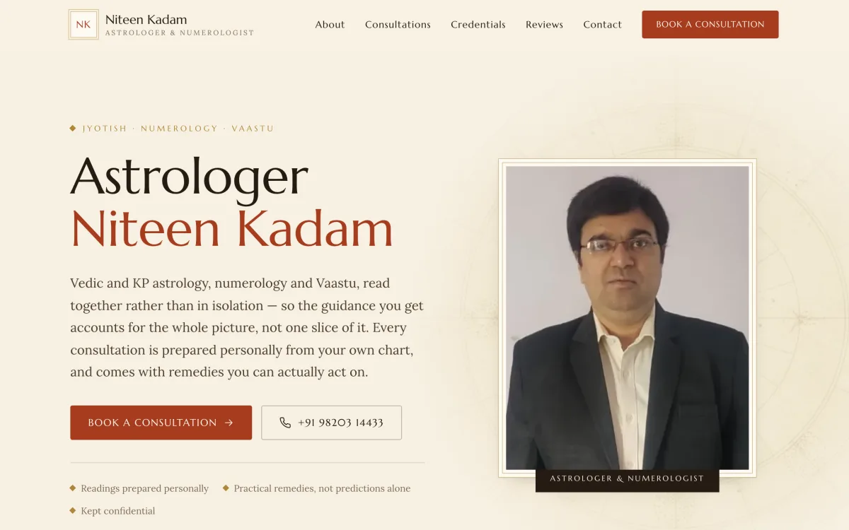 Niteen Kadam, astrologer & numerologist — homepage of the Setav website built for them