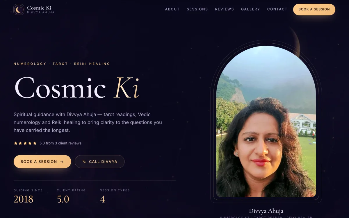 Divvya Ahuja, numerologist, tarot reader & reiki healer — homepage of the Setav website built for them