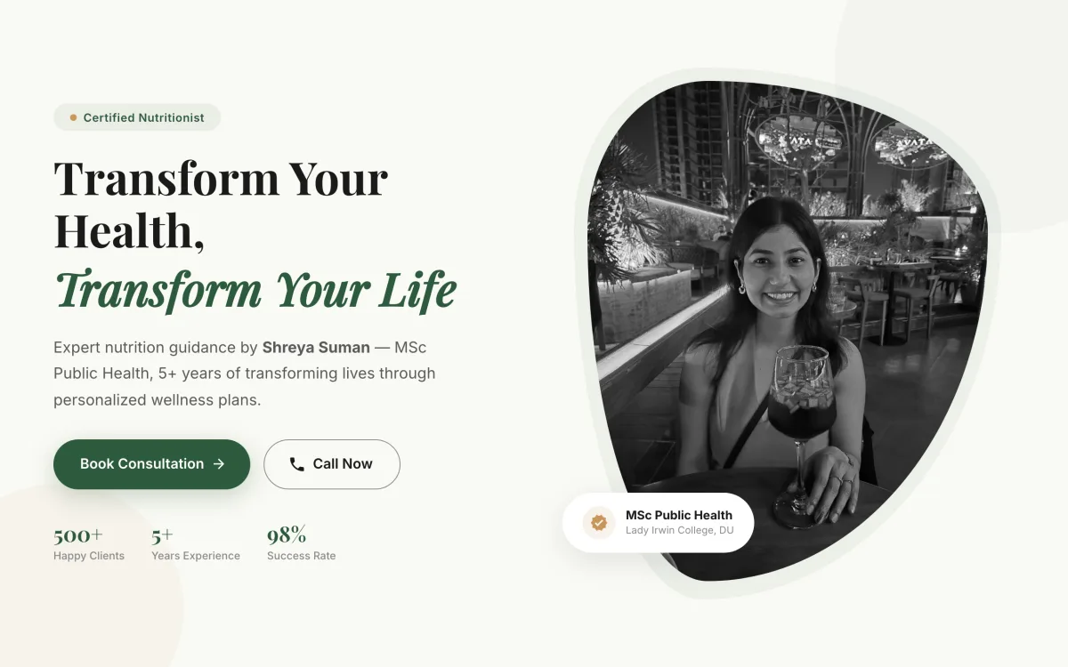 Shreya Suman, nutritionist — homepage of the Setav website built for them