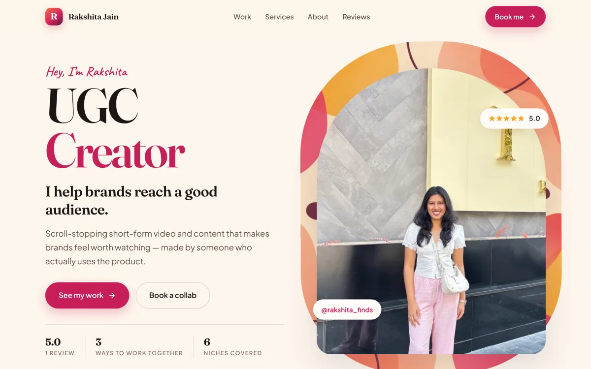 Rakshita Jain, ugc content creator — homepage of the Setav website built for them