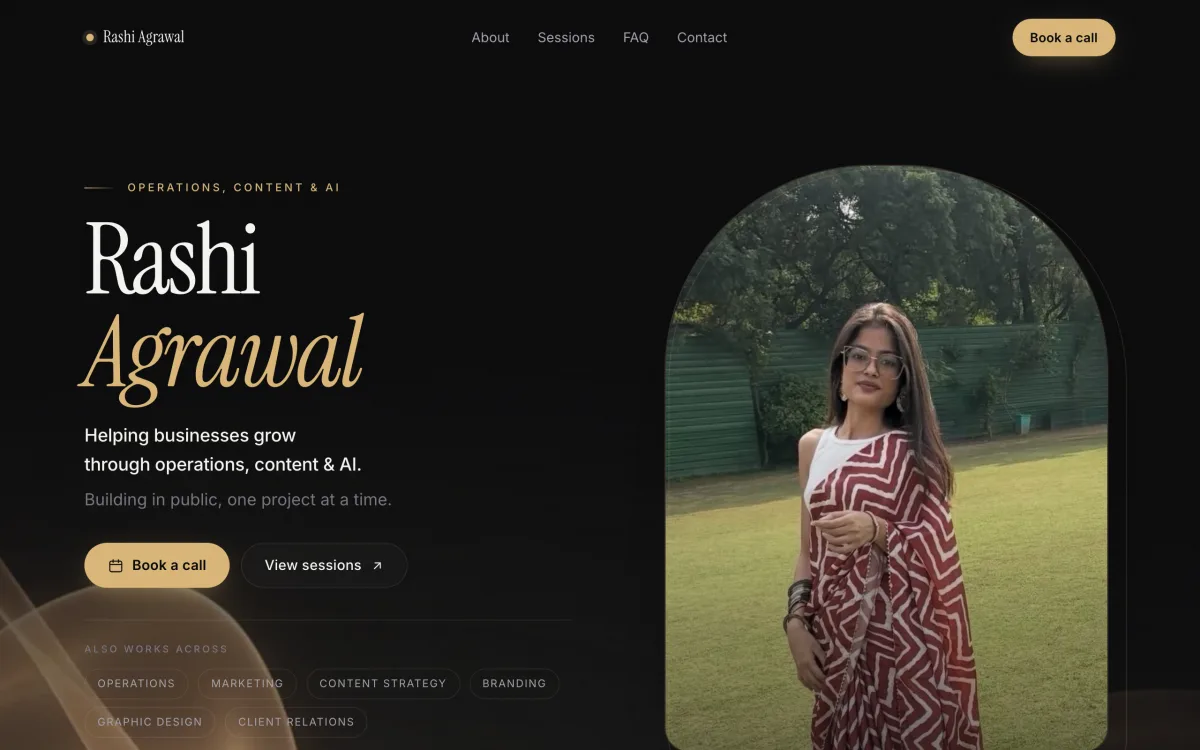 Rashi Agrawal, operations, content & ai consultant — homepage of the Setav website built for them
