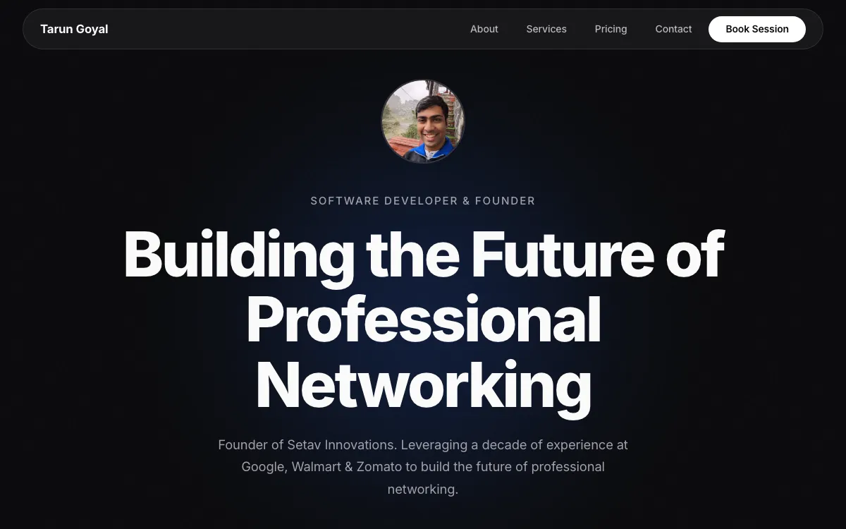 Tarun Goyal, software developer & founder — homepage of the Setav website built for them